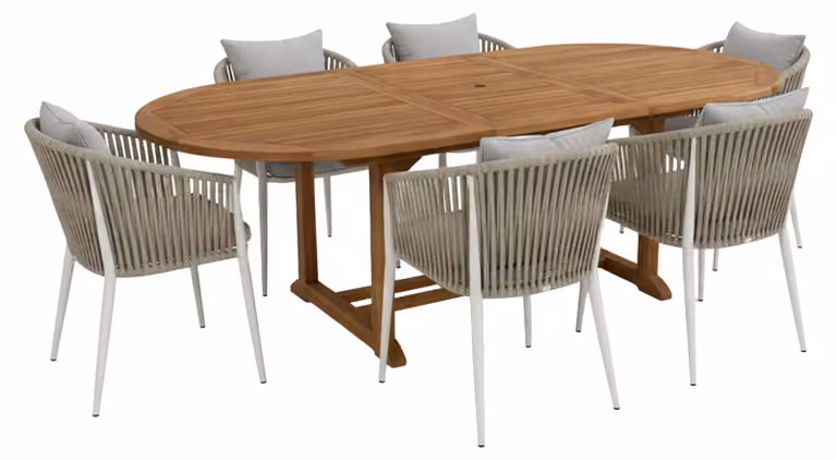 AXI Marzi/Faye Set da giardino, 7 pezzi per 6 persone - Beige | Set da pranzo in teak con tavolo da giardino ovale allungabile | Con 6 sedie da giardino, cuscini di seduta in olefina inclusi