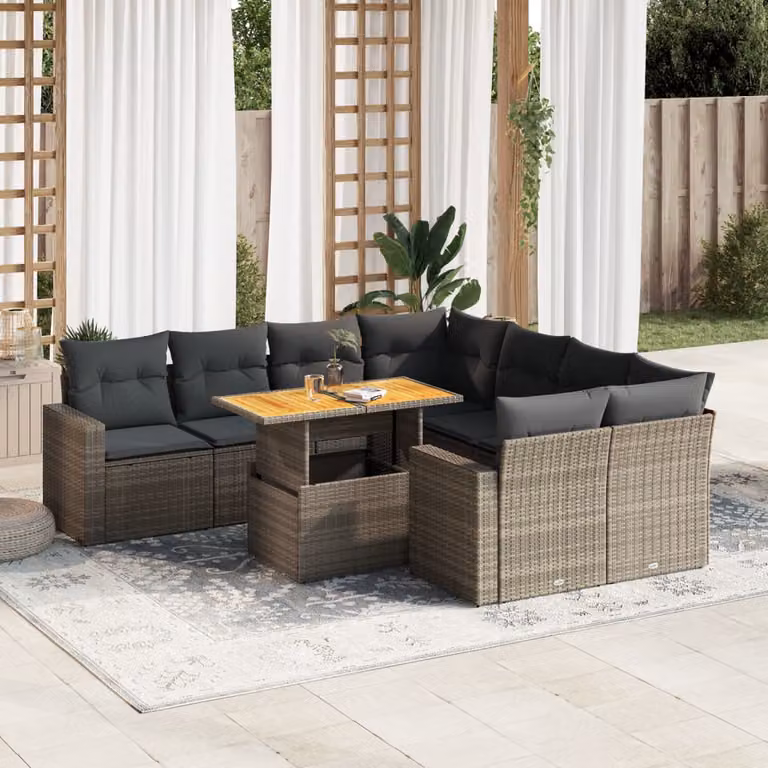 Set Divano da Giardino vidaXL 9 pz in Polyrattan Grigio con Cuscini e Tavolino