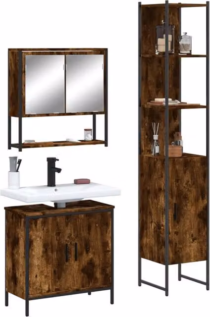 Set Mobili da Bagno 3 pz Rovere Fumo in Legno Multistrato 3214682