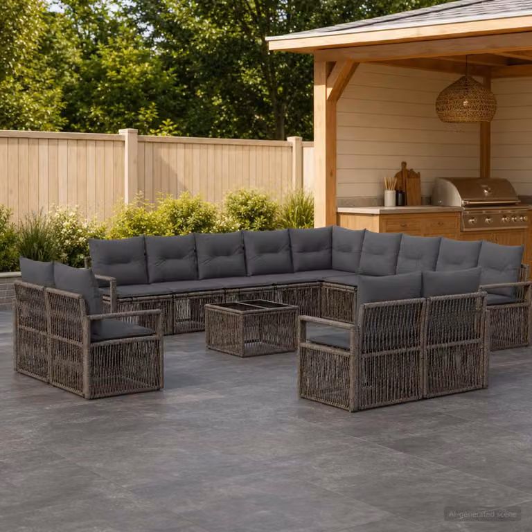 Set Divano da Giardino vidaXL 14 pz Grigio in Polyrattan con Cuscini e Tavolino