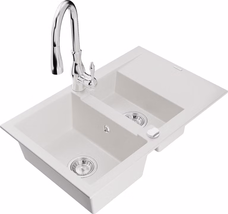 Mexen Gaspar lavello in granito 1,5 vasca con scolapiatti e rubinetto da cucina Savita, bianco - 6507-20-672601-00