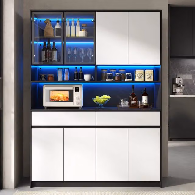 Credenza alta Mivray per soggiorno e sala da pranzo con 8 ante, 2 cassetti, vani aperti con vetro e illuminazione LED integrata, finitura opaca in MDF nero e bianco, L/P/H: 120 x 38 x 160 cm