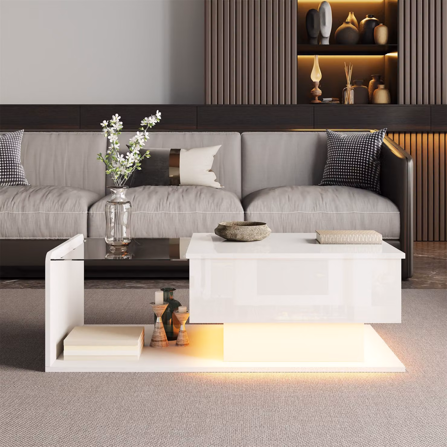 Tavolino da salotto moderno GL Store con piano in vetro bianco e altezza regolabile, L: 100 cm, P: 50 cm, H: 33-47,5 cm – 2
