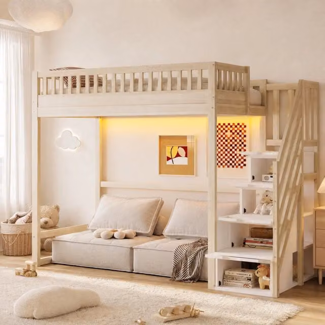 Letto a soppalco 90x200 cm con LED e scala contenitore; legno naturale