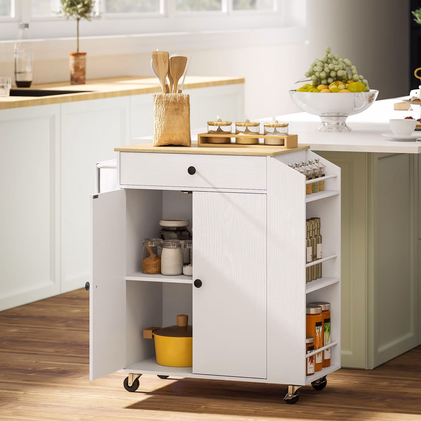 Carrello da cucina HOMCOM con cassetto, armadietto e portasciugamani, Bianco/Quercia, L 82 cm x P 38 cm x H 86,5 cm – 2
