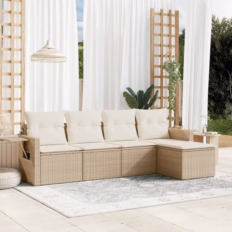 vidaXL Set Divano da Giardino a L 5 pz con Cuscini Beige in Polyrattan e Struttura in Acciaio Verniciato a Polvere