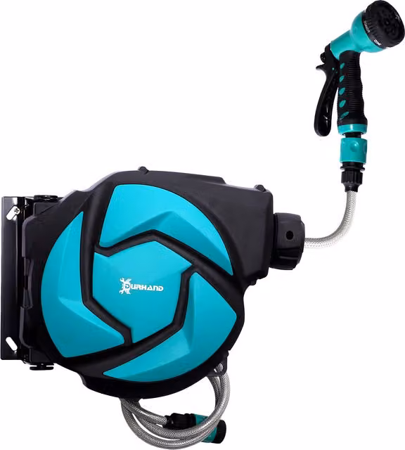 Avvolgitubo Automatico da Parete Orientabile DURHAND con Tubo da 10m in PVC e PP, Nero e Verde, L/P/H: 28 x 14 x 34 cm