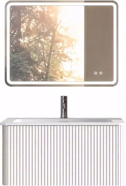 Mobile bagno sospeso moderno in MDF bianco con lavabo integrato, cassetto e specchio con luce LED e funzione antiappannamento