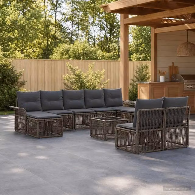 Set Divano da Giardino vidaXL 10 Pezzi Grigio con Poltrone, Tavolino e Ottoman in Polyrattan e Metallo – 1