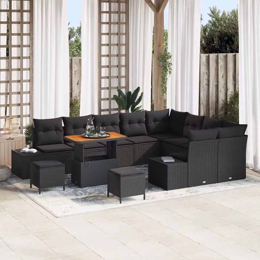 Set Divano da Giardino vidaXL a forma a U con 12 pezzi, Nero, con Cuscini e Tavolino da Caffè in Rattan e Acciaio – 1