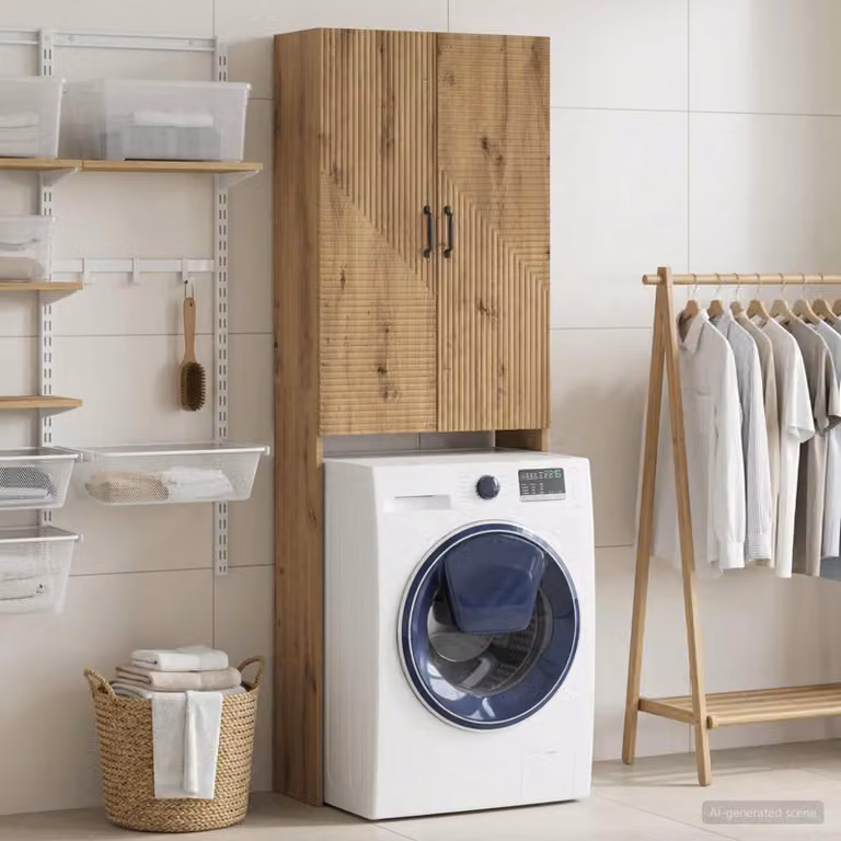 Mobiletto da bagno moderno vidaXL HAARLEM in rovere e metallo, colore marrone e nero, L: 66 cm, P: 25,5 cm, H: 190 cm
