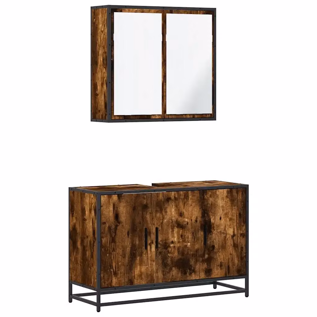 Set Mobili da Bagno Industrial vidaXL in Legno e Metallo Marrone composto da Mobile Lavabo e Armadietto con Specchio L/P/H: 90 x 60 x 33 cm – 2