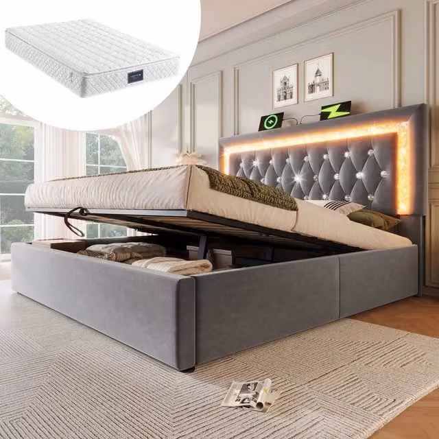 Letto Imbottito Contenitore 140x200 Velluto con LED, USB, Idraulico e Rete ¨C MINIMAL ¨C Grigio