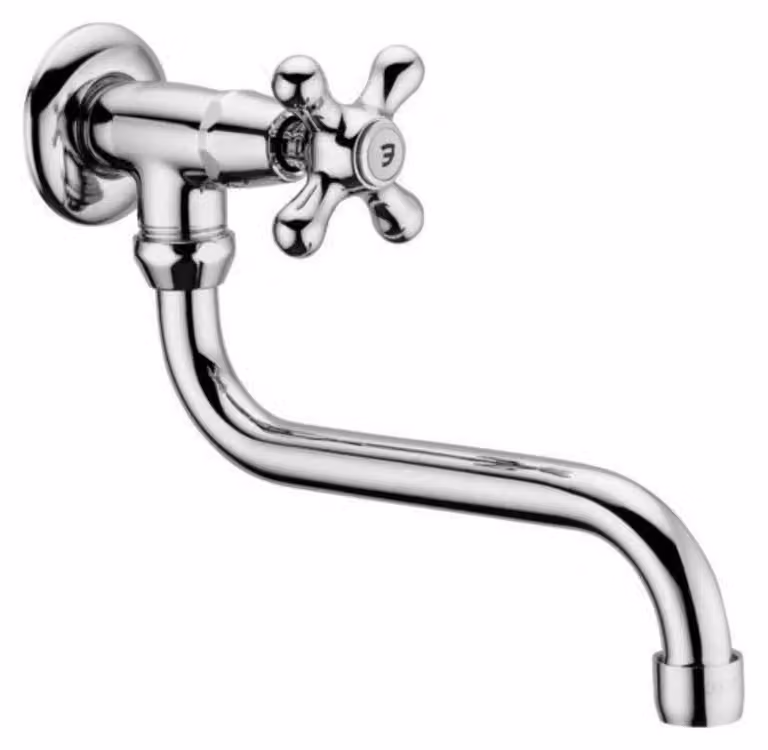 Schläfer 3460210 | Rubinetto Cucina a Muro Singolo per Lavello con manopola Vintage Rubinetto a Parete Acqua Fredda per Lavatoio, Rubinetto da Parete 1/2 Antico Beccuccio girevole a S 200mm, Cromo