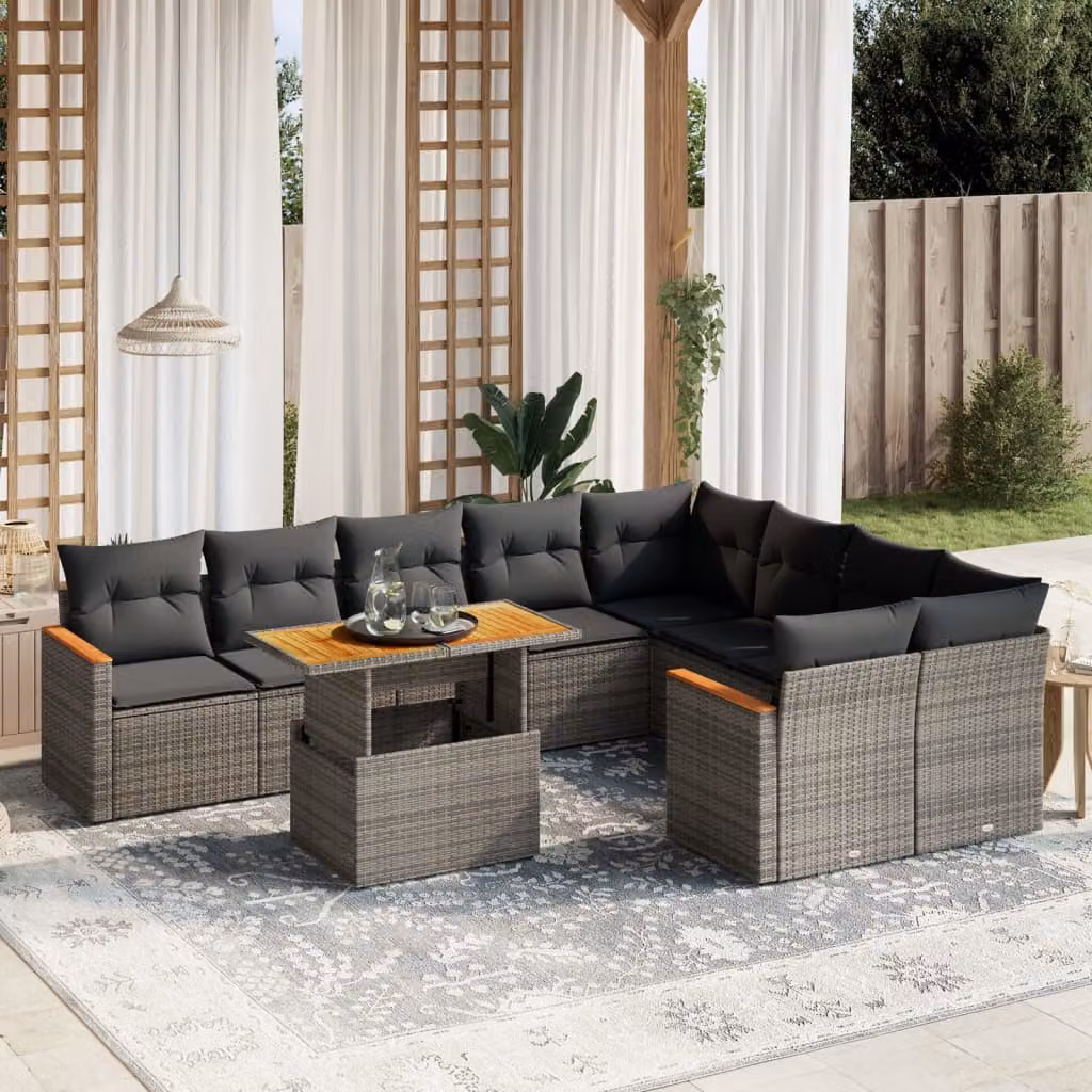vidaXL Set Divano da Giardino 10 pz in Polyrattan Grigio con Cuscini Imbottiti e Tavolino – 1