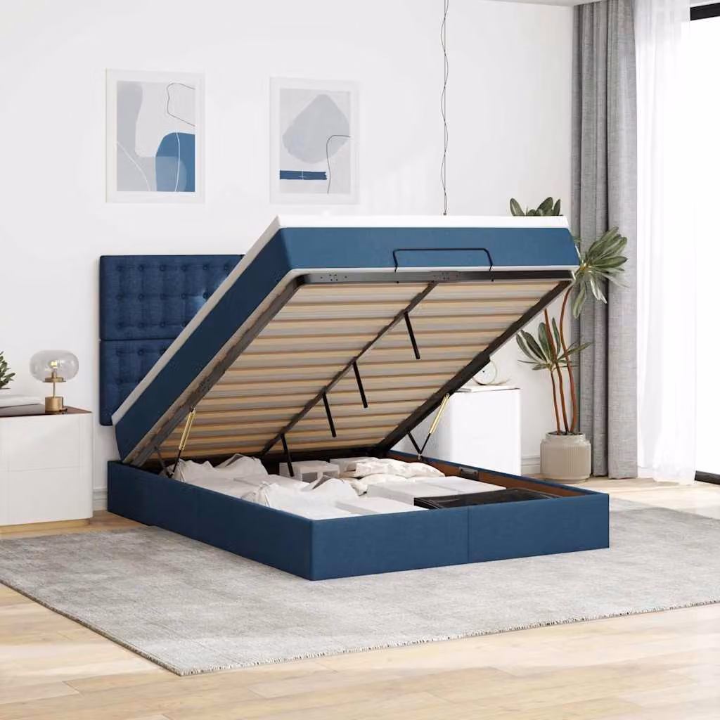 Letto con contenitore a sollevamento vidaXL in tessuto blu e bianco, L/P/H: 193 x 144 x 28 cm