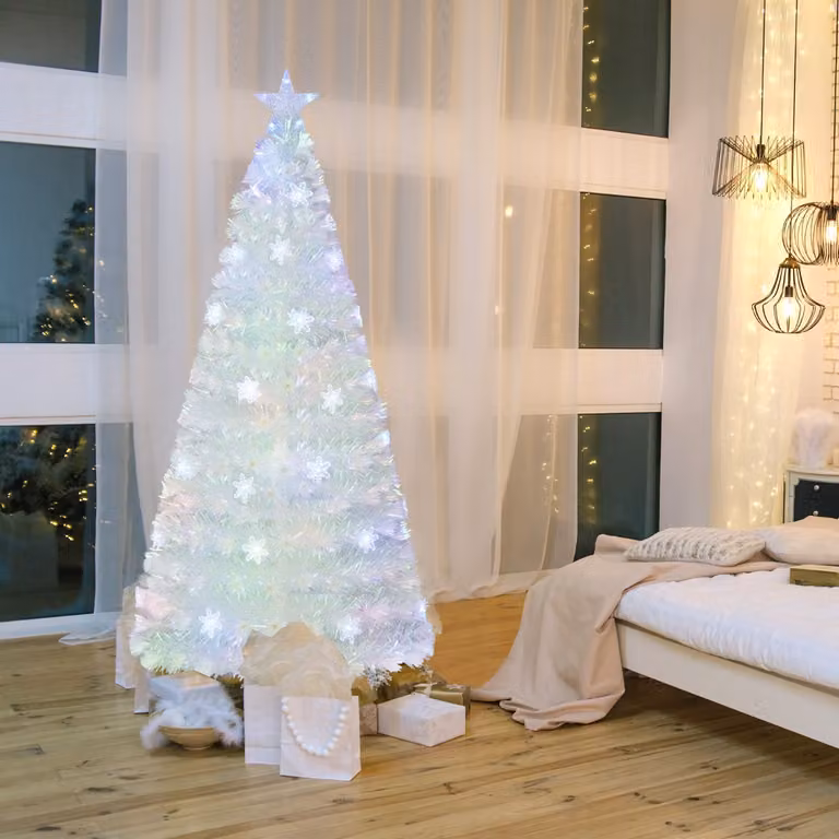 Albero di Natale artificiale pre-illuminato in fibra ottica Costway con luci LED bianche, Altezza: 180 cm