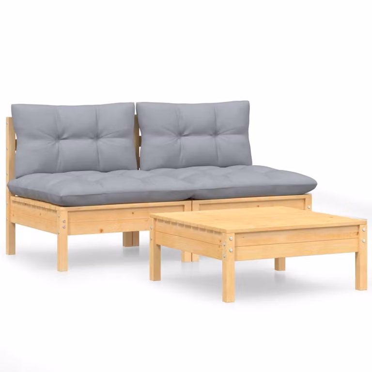 Set Divani da Giardino 3 pz con Cuscini Grigi Massello di Pino