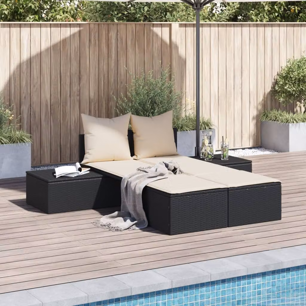 vidaXL Lettino Prendisole Doppio in Polyrattan Nero con Cuscini Resistenti alle Intemperie
