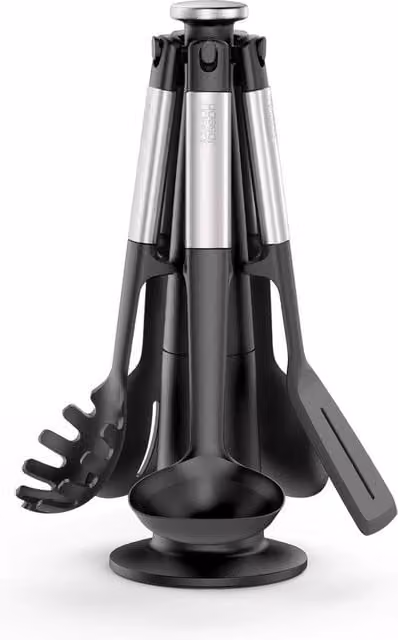 Set di 5 utensili da cucina Joseph Joseph in silicone nero con manici in acciaio inossidabile, resistenti al calore e antiaderenti
