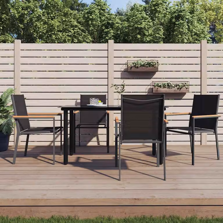 Set da pranzo da giardino vidaXL in 5 pezzi nero con tavolo in vetro e struttura in acciaio verniciato a polvere L: 140 cm, P: 70 cm, H: 74 cm