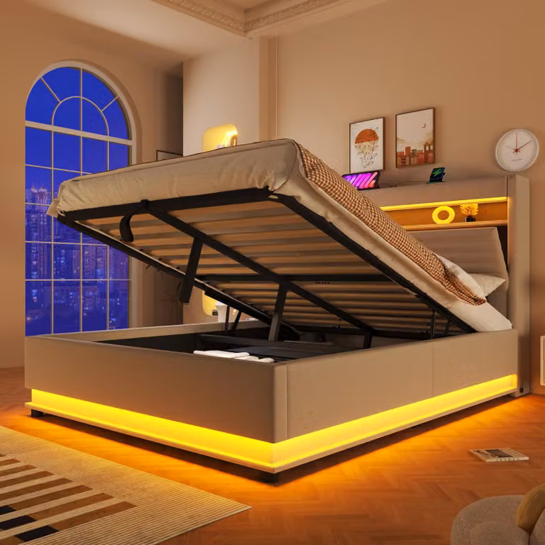 Letto imbottito idraulico Flieks 140x200 cm con LED, letto matrimoniale con contenitore, porta USB e Type-C, letto per ragazzi con contenitore e rete a doghe, lino, beige