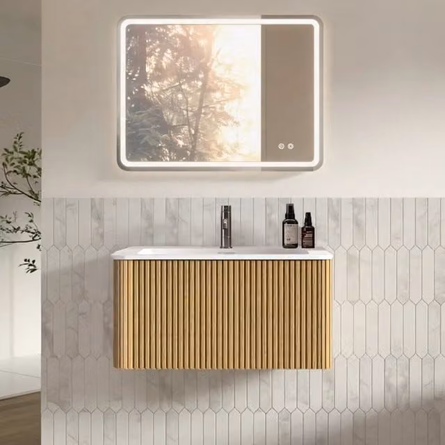 Mobile bagno sospeso 80 cm color rovere con lavabo integrato e specchio led 60x80 cm senza cornice