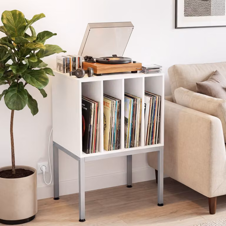 Mobile porta giradischi Costway in legno e metallo con 4 scomparti per media, design moderno, colore bianco