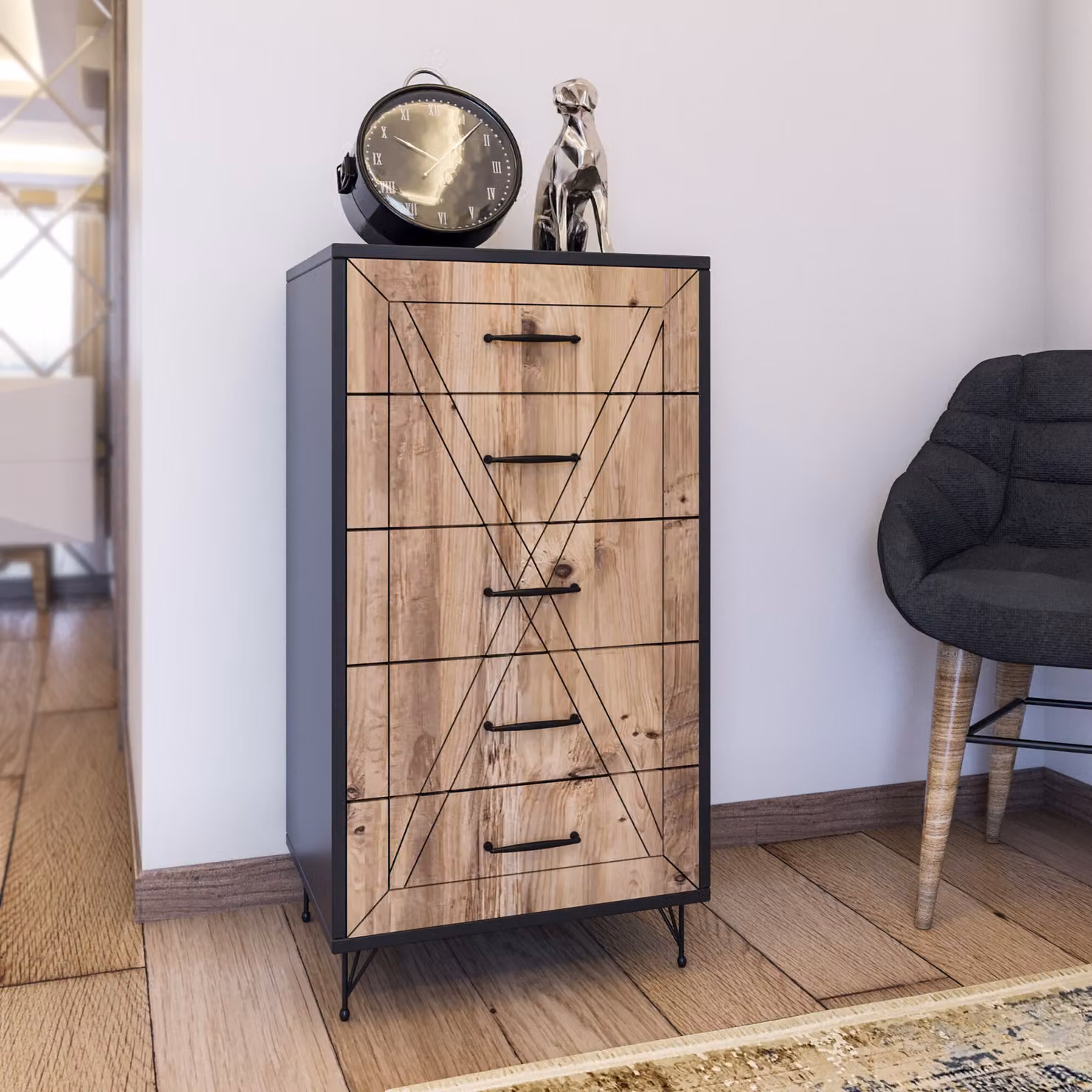 Skye Decor, Planet- PlanetKLN, antracite, pino, cassettiere, 95x50x40 cm, pannello truciolare rivestito al 100% in melamina