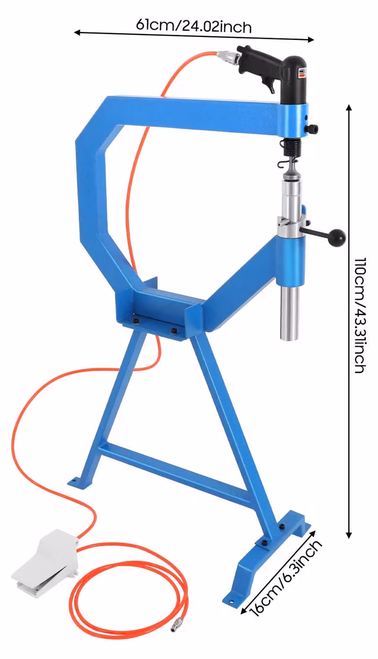 Martello pneumatico per livellamento - Macchina per la formatura di lamiere - Pedale e supporto - 3 incudini da 2,54/5,08/7,62 cm - Pressione: 50–100 PSI - Colore: nero/blu