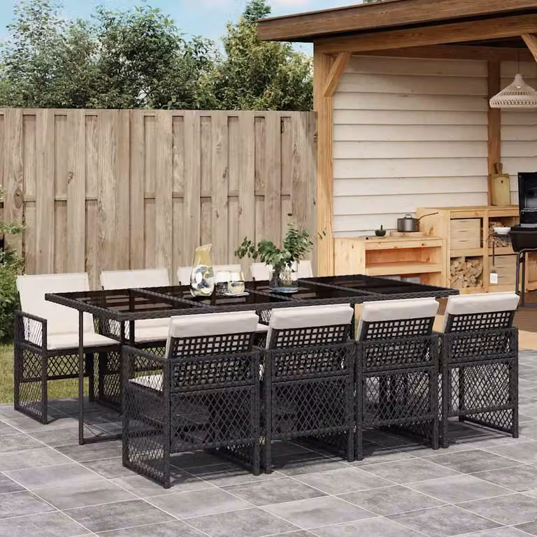 vidaXL Set da Pranzo da Giardino 9 pz in Polyrattan Nero con Piano in Vetro e Cuscini