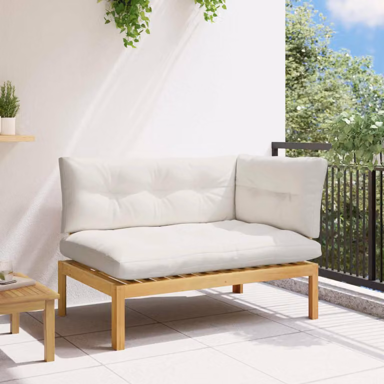 vidaXL Divano Angolare in Legno di Acacia con Cuscini in Tessuto Bianco e Beige