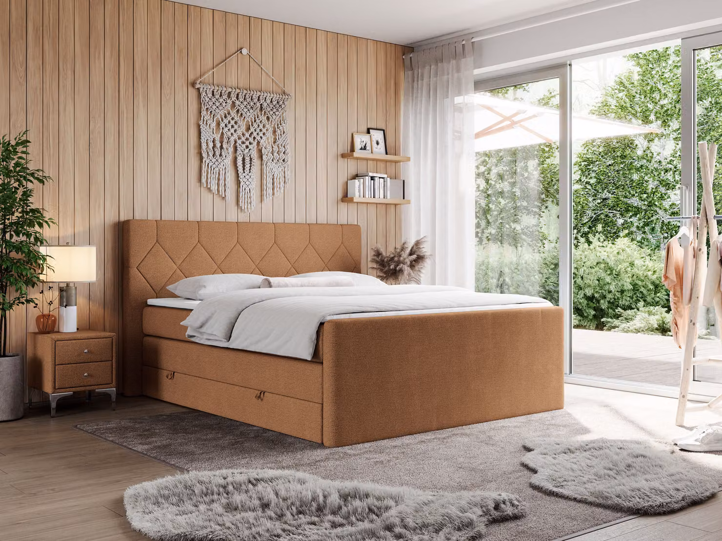 Letto boxspring con materasso matrimoniale, due cassetti portaoggetti, topper, per camera da letto - KING EIGAR - 120x200 cm - Arancione - H3