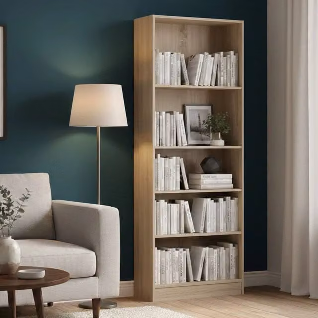 Libreria Abelarda DMORA in legno color quercia, Scaffale moderno per ufficio e soggiorno, L: 79 cm, P: 26,72 cm, H: 203,2 cm