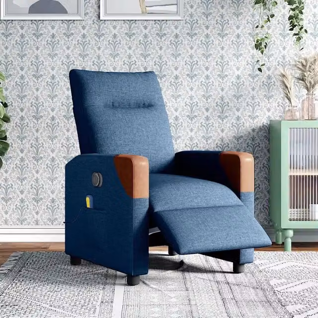Divano Sedia-Poltrona Massaggiante Reclinabile Elettrica Blu in Tessuto con Braccioli