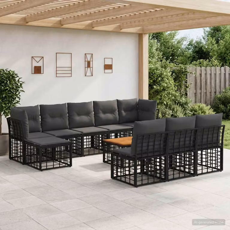 Set di divani da esterno vidaXL 11 pezzi a forma di L con tavolino e pouf, nero e grigio scuro