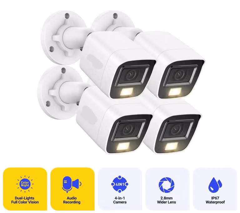 Sistema di telecamere di sicurezza - Telecamera da 5MP - Per uso esterno - Grado di protezione IP67 (resistente all'acqua) - Telecamera a forma di proiettore - Telecamera di sorveglianza