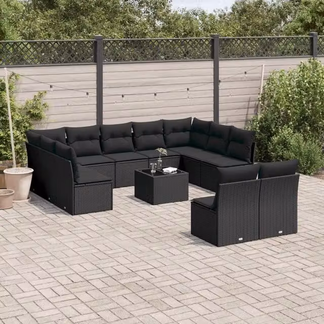 Set di Divani da Giardino VIDAXL a Forma a U in Polyrattan Nero con Cuscini, 12 Pezzi