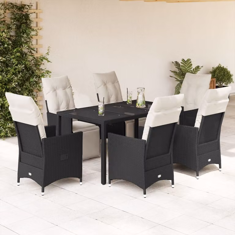 Set da Pranzo da Giardino vidaXL 7 pz in Polyrattan Nero con Cuscini e Tavolo in Vetro