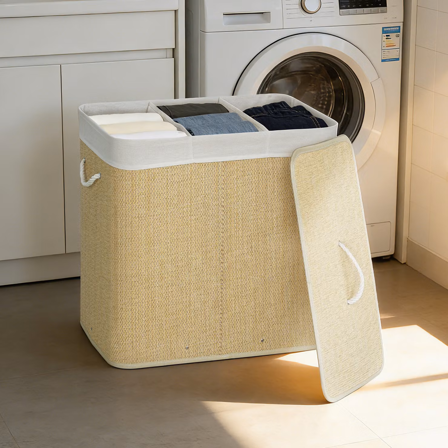 Cesto Portabiancheria HOMCOM in Bambù con Coperchio, 3 Scomparti, Sacca Removibile e Lavabile e Maniglie, Beige, 144L – 2