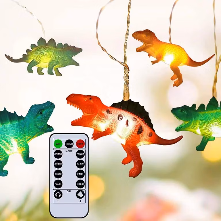 Catena luminosa a LED a forma di dinosauro, lunghezza 3 metri, 20 luci a forma di dinosauro, multicolore, con telecomando