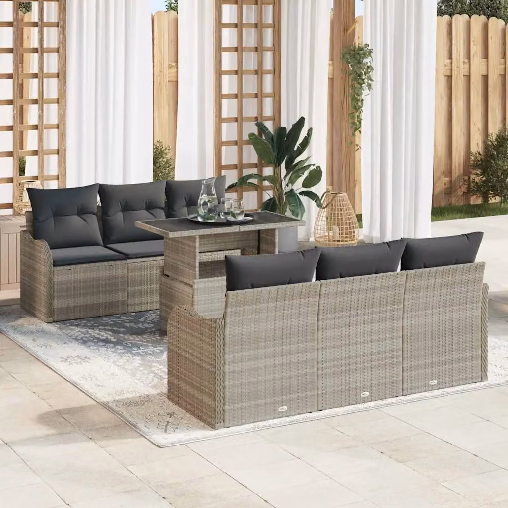Set Divano da Giardino vidaXL 7 Pezzi a Forma di U Grigio con Cuscini e Tavolino in Polyrattan e Acciaio – 1
