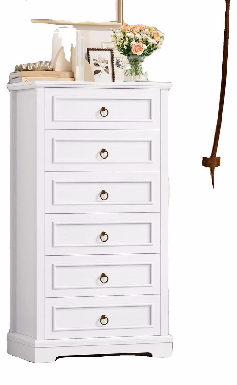 Comodino, 6 cassetti spaziosi, elegante venatura del legno, BIANCO