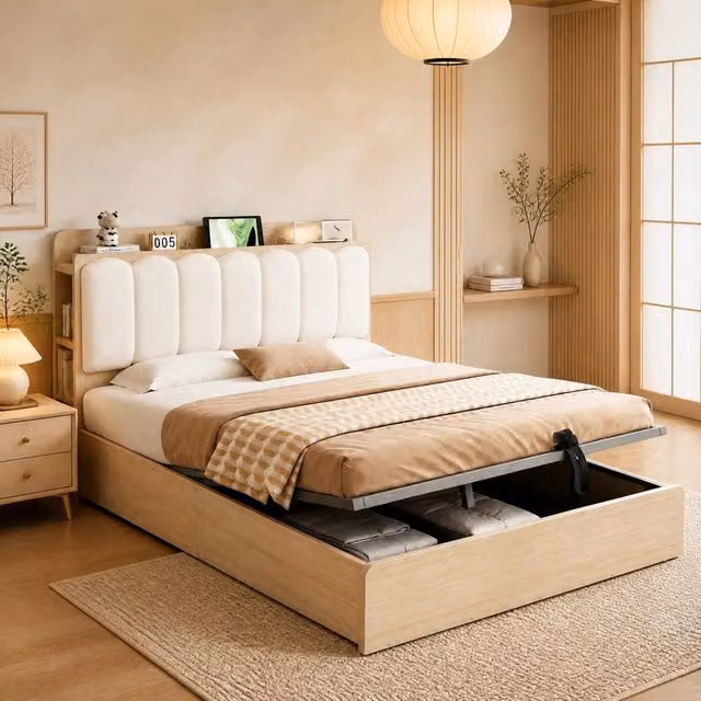 Letto contenitore in legno con rete a doghe testiera imbottita beige USB luce notturna e vani portaoggetti