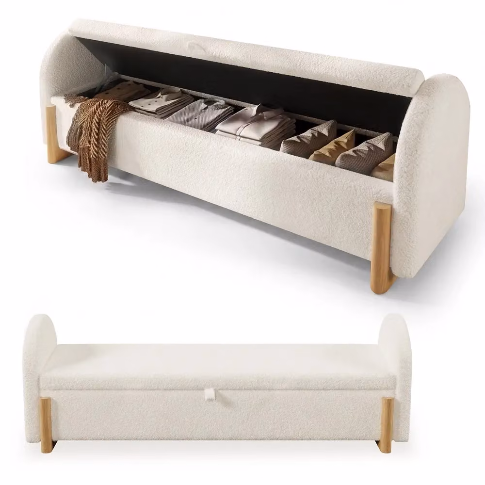 Panca contenitore idraulica Minimal in tessuto bouclé bianco con gambe in legno L: 146 cm, P: 47 cm, H: 61 cm – 2