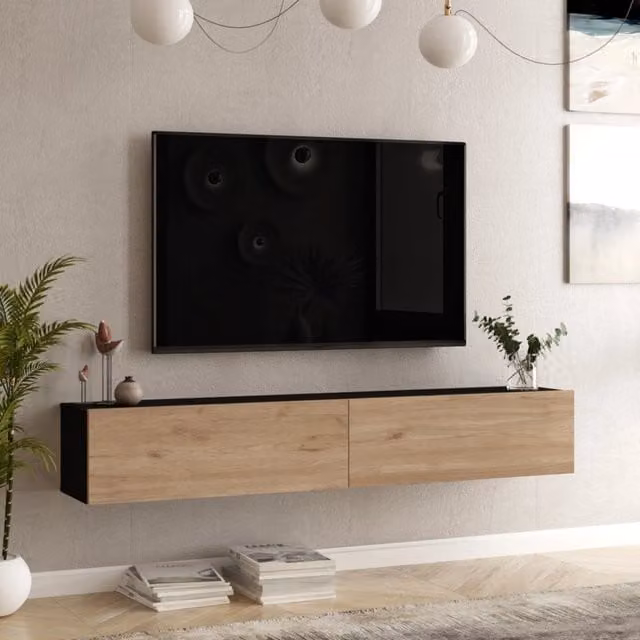 Mobile Porta TV Lapinlahti en.casa con 2 Ante a Ribalta, Consolle da Parete Moderna Nero / Effetto Rovere, L: 180 cm, P: 31,5 cm, H: 29,5 cm