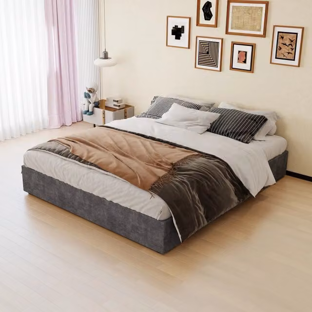 Letto matrimoniale 160×200 cm con molle a gas, senza testiera, materasso incluso, tessuto e metallo, grigio