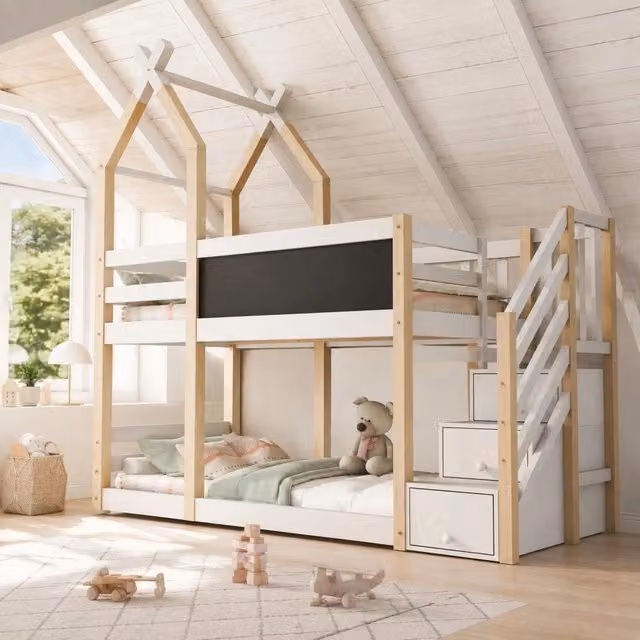 Letto a castello ULEVR 90x200 cm con scala contenitore, lavagna e protezioni laterali, bianco
