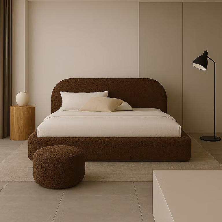 Letto imbottito moderno Sofello 90-120x200 MOON 140x200 con base a doghe in legno e funzione di sollevamento! Letto in tessuto bouclé marrone con base a doghe in legno e vano contenitore.