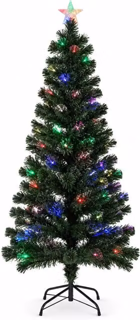 Albero di Natale in fibra ottica con giochi di luce e puntale a stella, 2 altezze 120 e 180 cm, rami in PVC, alimentazione con trasformatore